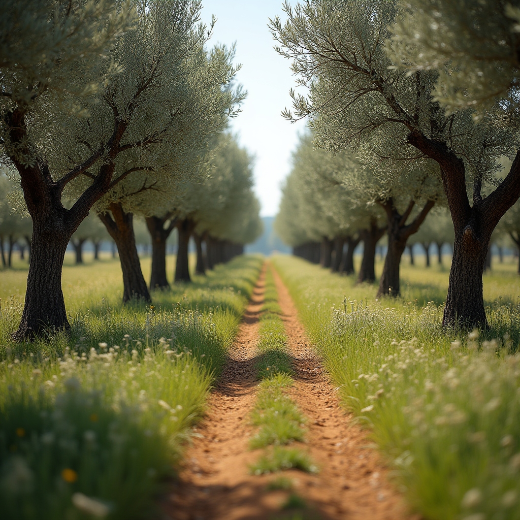 Fila de olivos con cubierta vegetal espontánea entre calles