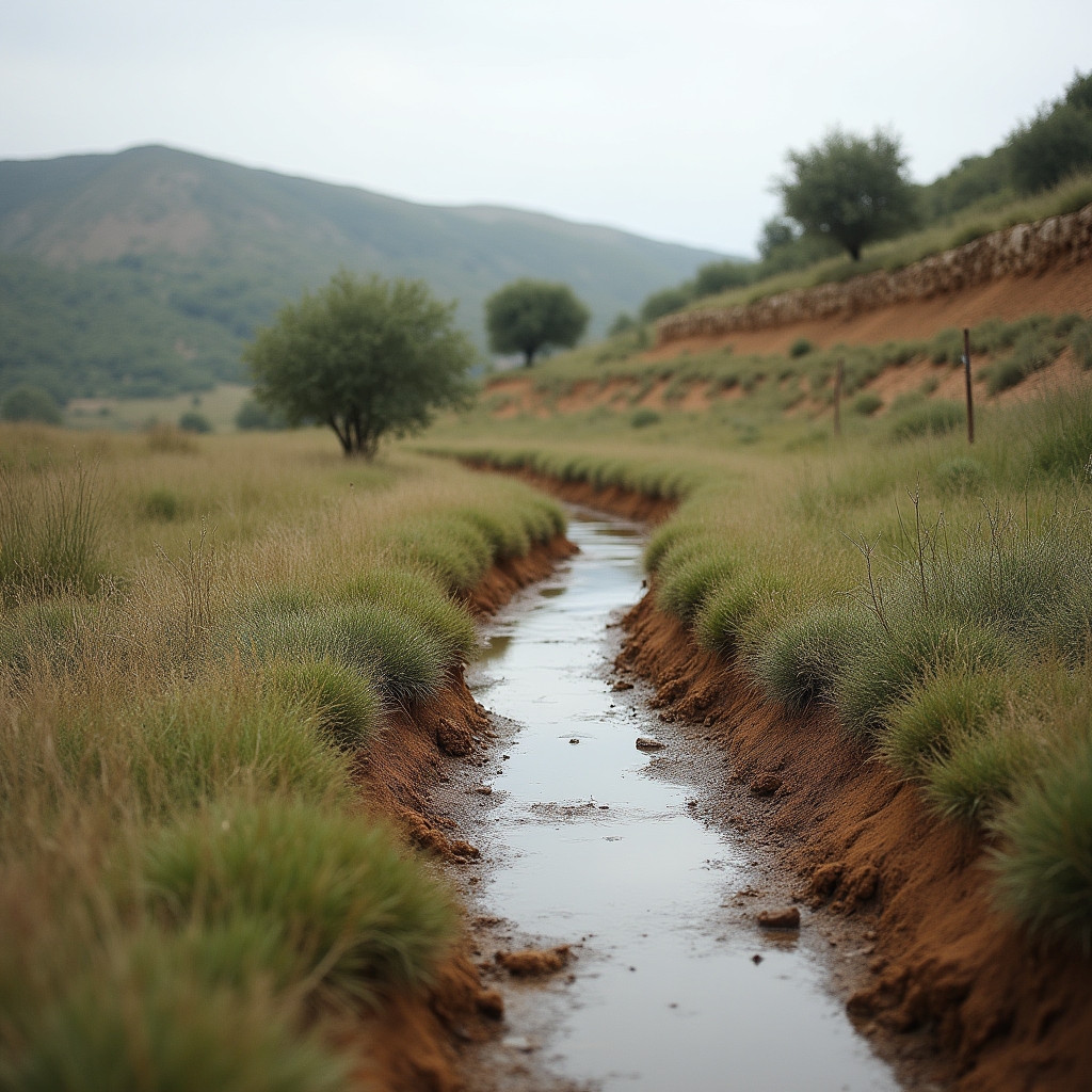 Zanja de infiltración swale para gestión del agua de lluvia en ladera