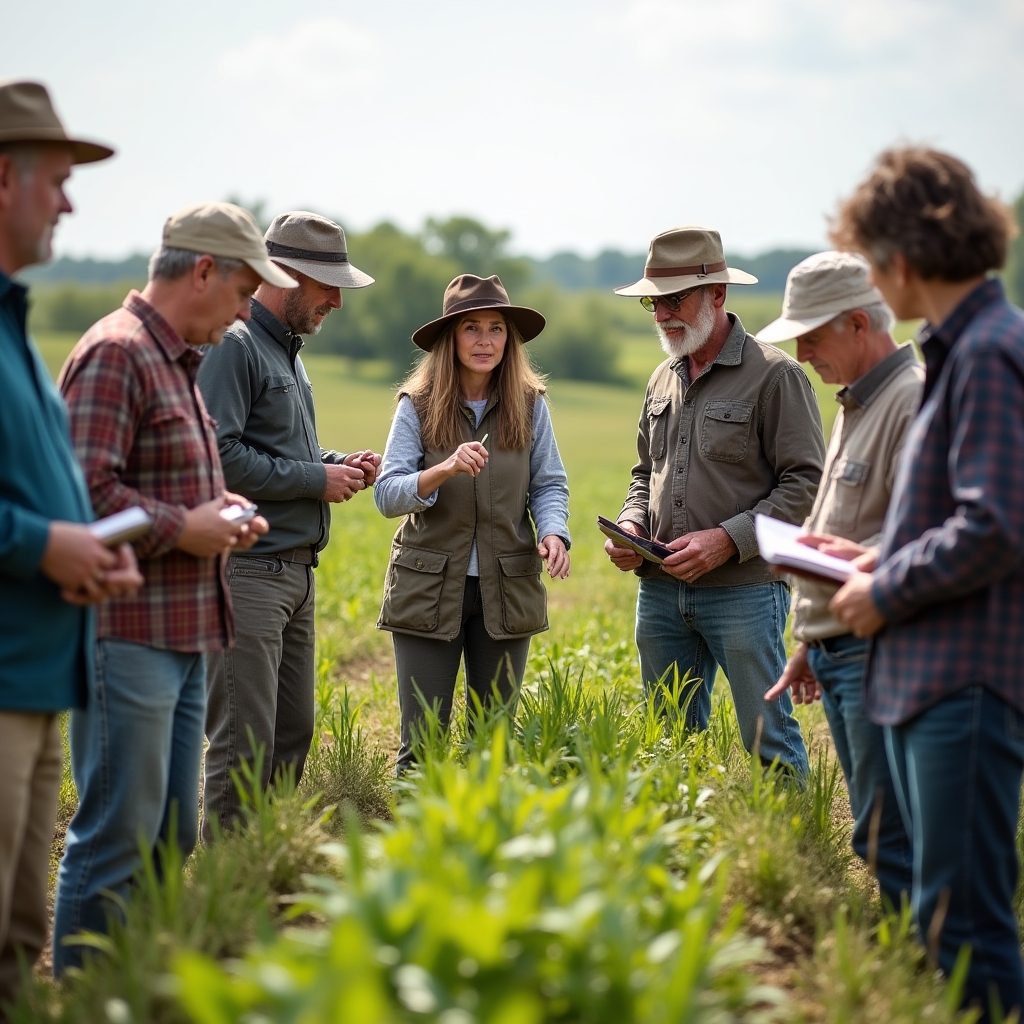 Grupo de agricultores participando en una explicación práctica en el campo